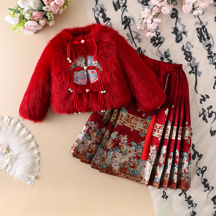 2024秋冬新品加厚夹棉儿童马面裙草草汉服套装拜年服女童