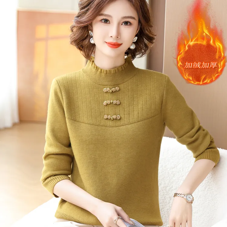妈妈秋冬装加绒加厚一体绒毛衣中老年女装冬季打底衫洋气保暖内搭