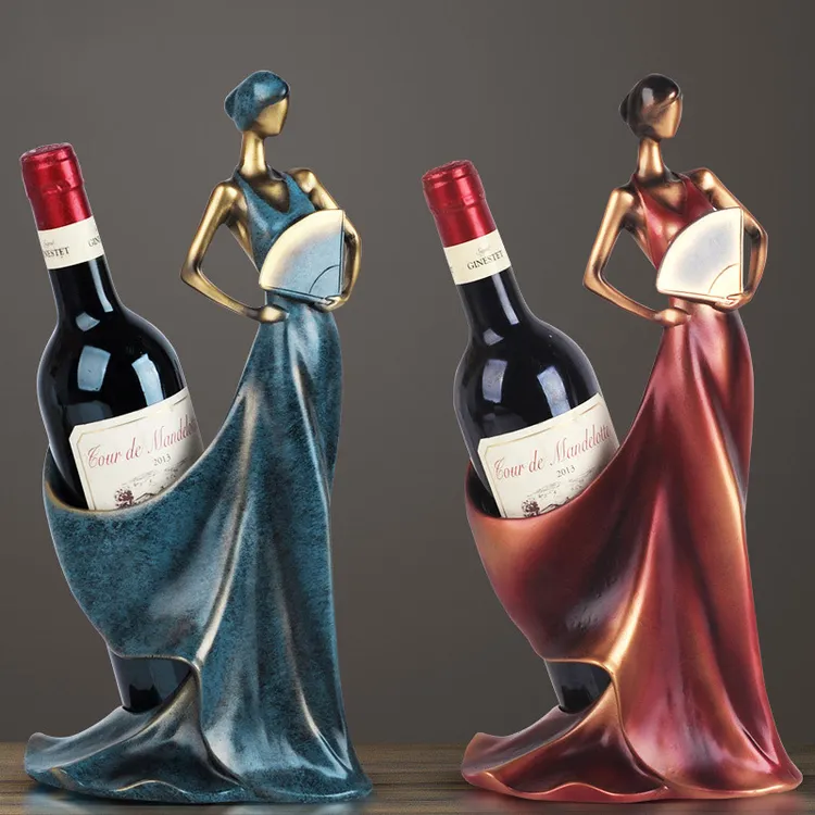 欧式仿古蓝色美女酒架客厅书房装饰品厨房酒柜饰品树脂工艺品摆件