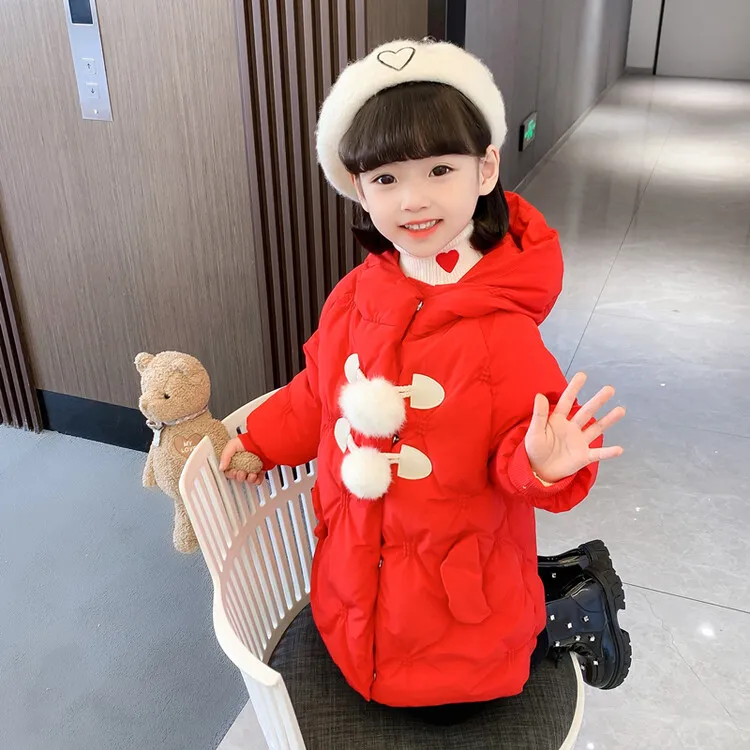 女童中长款加厚棉外套冬装新款女宝宝洋气红色棉服拜年服喜庆棉衣