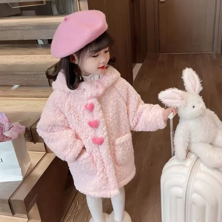 女宝宝秋冬款甜美卡通加绒加厚连帽毛毛衣外套中长款女童洋气上衣