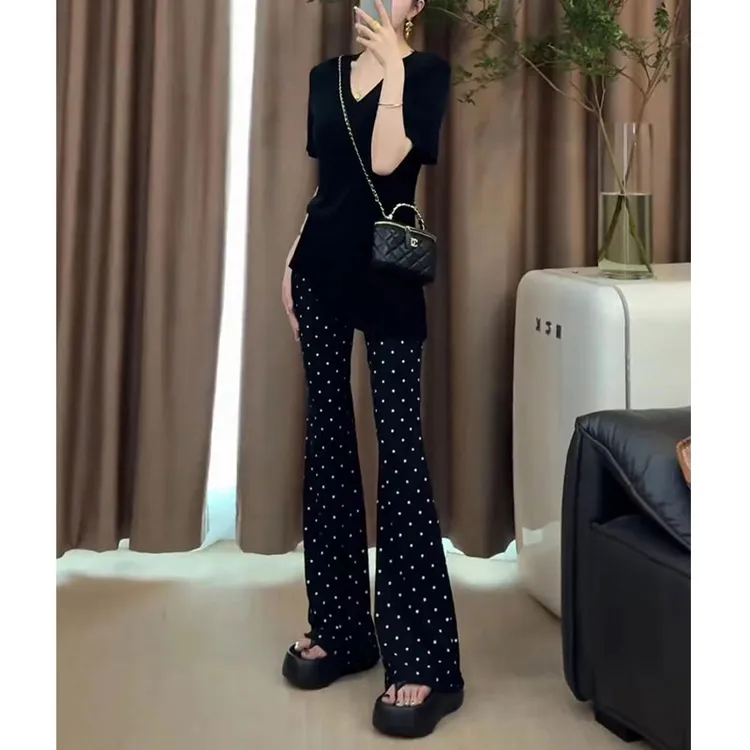 春夏季时尚开叉设计感T恤高腰休闲显瘦波点微喇裤