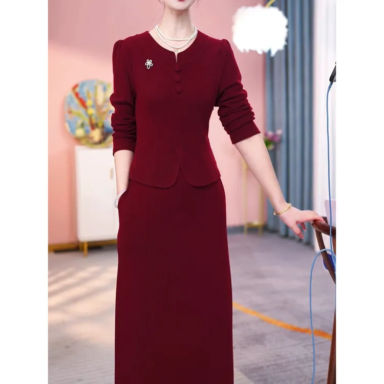红色新款2024年春秋精致优雅假俩件连衣裙时尚修身显瘦中长款裙子