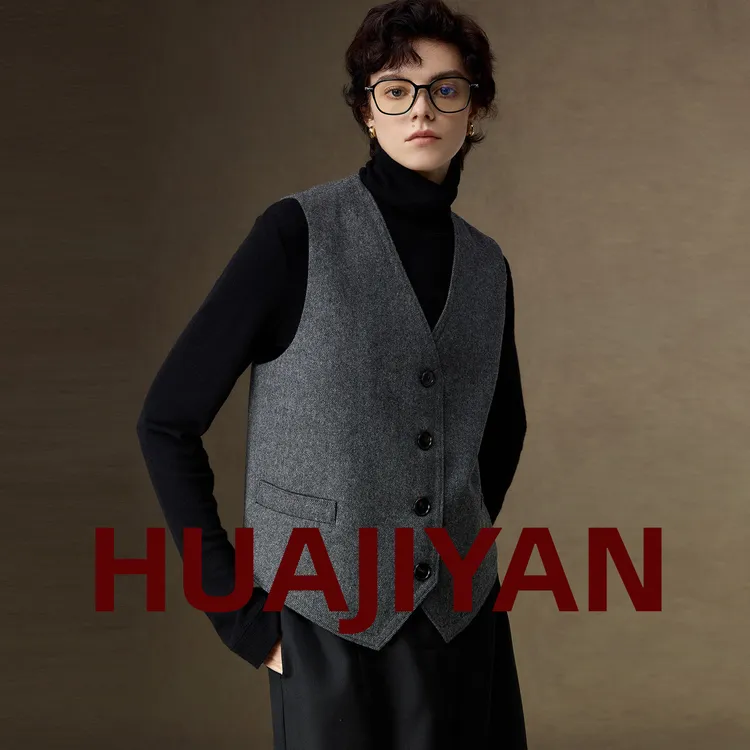 华吉言/HUAJIYAN【柏林】羊.毛混纺V领修身西装马甲
