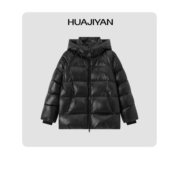 华吉言/HUAJIYAN【黑布林】90鹅绒立裁可拆卸帽子经典亮面鹅绒服
