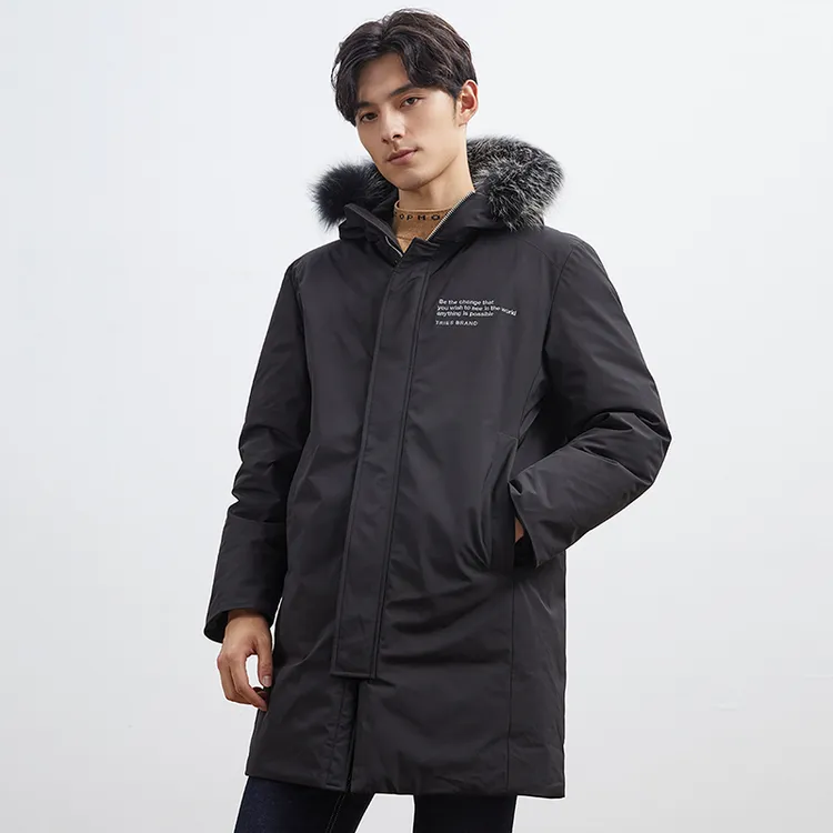 才子男装狐狸毛领羽绒服男2023冬季新款加厚保暖白鸭绒中长款外套