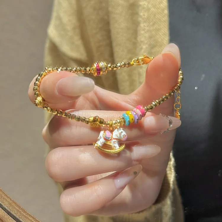 铜合金手链 古法烧蓝珐琅彩蹦迪珠五彩可爱摇摇小木马手链