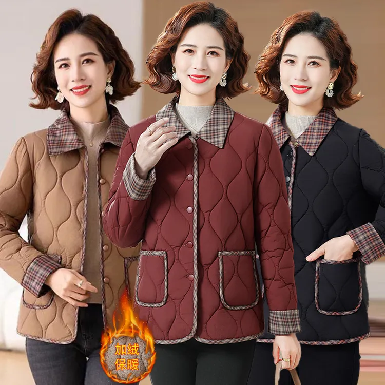 冬季新款加绒棉衣小香风女装外套妈妈装小翻领夹克女时尚休闲潮流