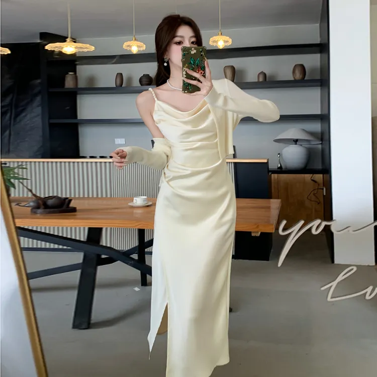 法式性感褶皱开叉吊带长裙子高级感醋酸缎面连衣裙女夏季气质5656