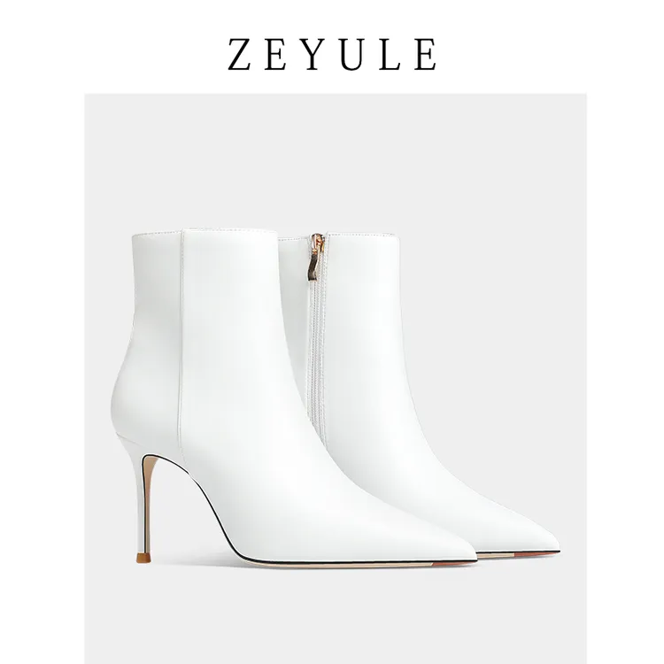 芷余骆软羊皮女短靴白色高跟鞋秋冬尖头细跟真皮时尚法式拉链靴