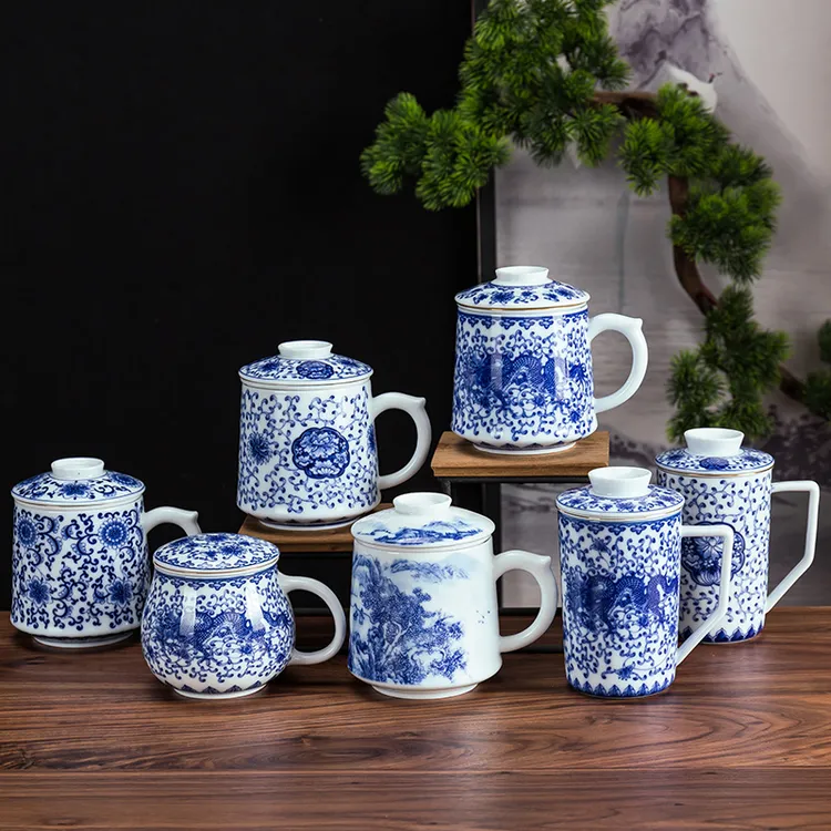 青花瓷办公泡茶杯带盖过滤内胆茶水分离会议室马克杯陶瓷家用水杯