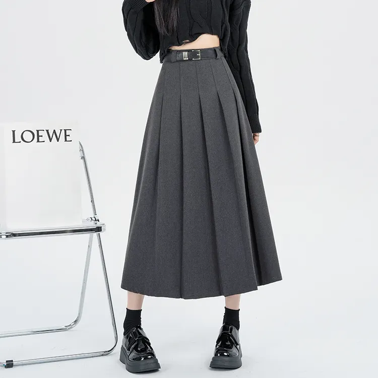高腰显瘦毛呢半身裙女秋冬设计感有腰带百褶裙高腰A字伞裙大摆裙