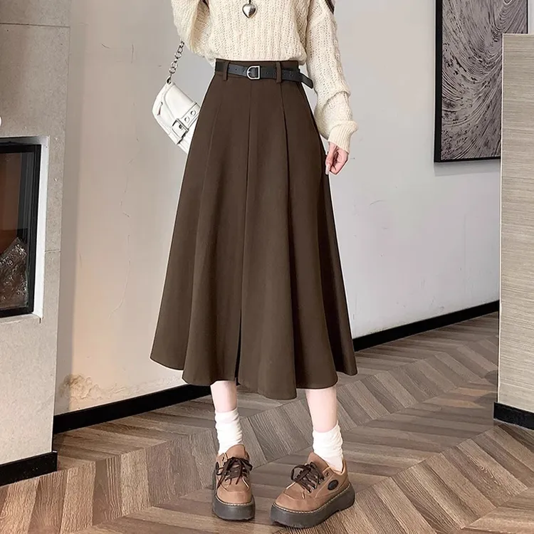毛呢百褶半身裙女秋冬季高腰遮跨垂感大摆中长款伞裙显瘦a字裙子