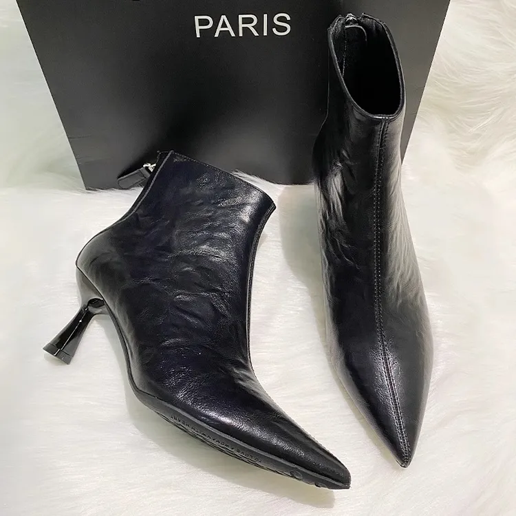 法式气质轻奢尖头细跟瘦瘦靴后拉链款软底黑色高跟鞋不累脚高级感