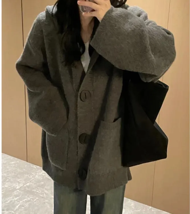 慵懒风连帽针织开衫软糯糯韩系外套女春秋装外穿宽松毛衣DKZ01