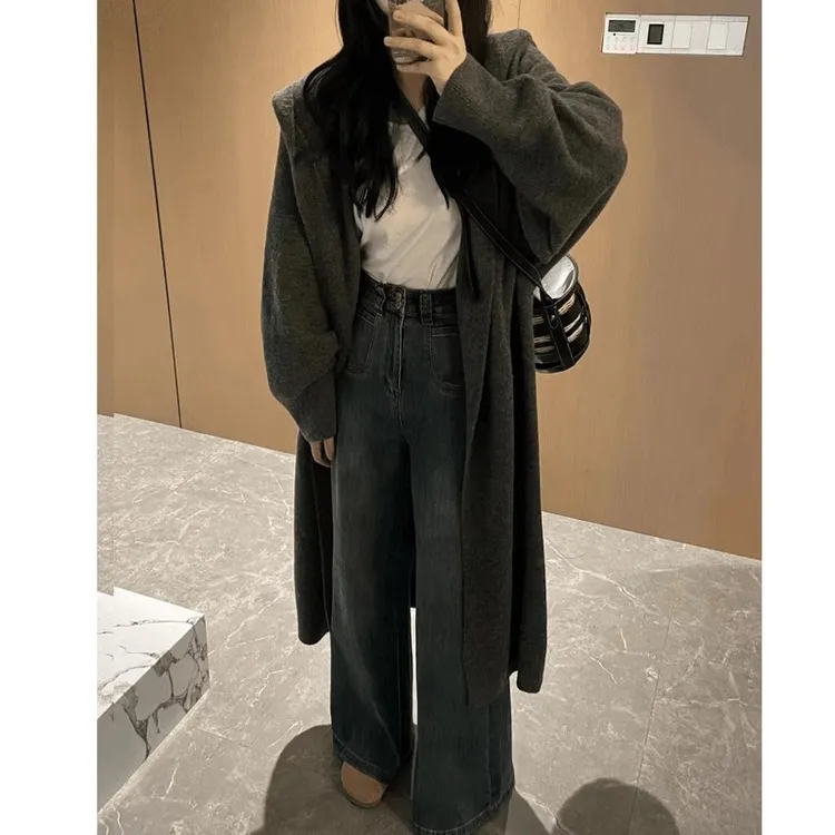 新款女针织开衫毛衣外套显瘦春秋连帽宽松慵懒风长款大衣K2401播