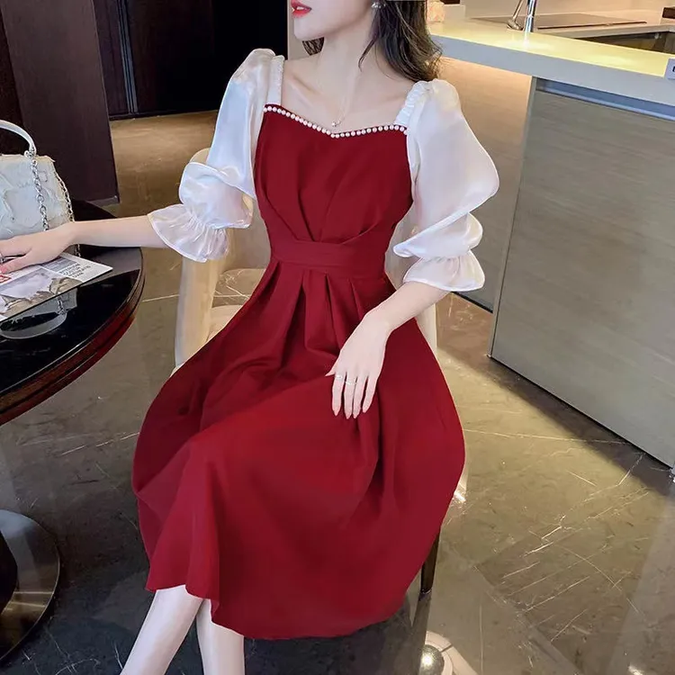 法式纯色连衣裙女短袖夏季跨境新款收腰款显瘦中长款公主A字裙子