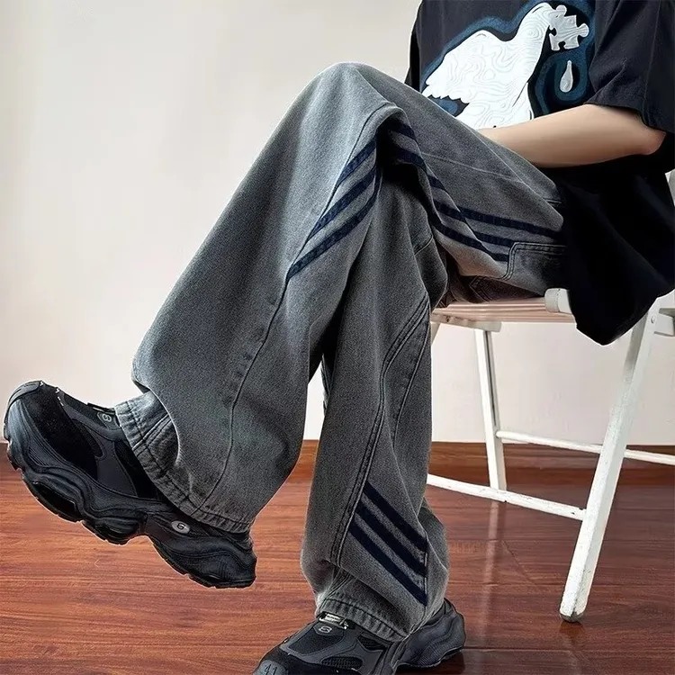 美式条纹牛仔裤男春秋季2024新款宽松直筒设计感高街潮流复古裤子