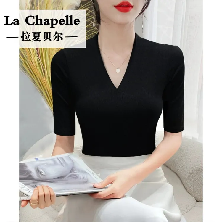 拉夏贝尔黑色V领螺纹t恤女中袖修身显瘦夏季新款打底衫百搭气质上