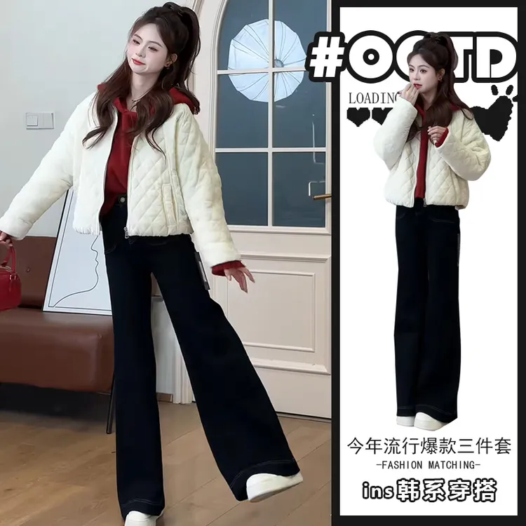 秋季流行搭配女2025新款减龄菱形格棉衣棉服外套阔腿裤三件套装潮