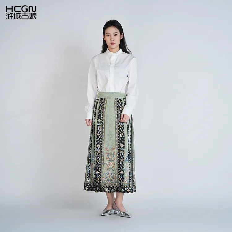 中国风重工刺绣A字显瘦百搭气质压褶长款龙翔凤跃马面裙GDC71638