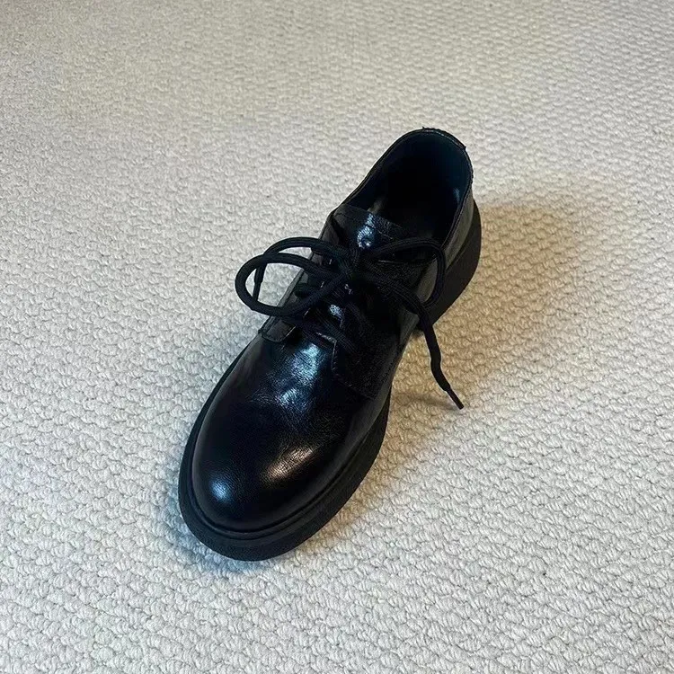 圆头英伦风系带真皮小皮鞋厚底复古学院黑色通勤乐福鞋粗跟单鞋女
