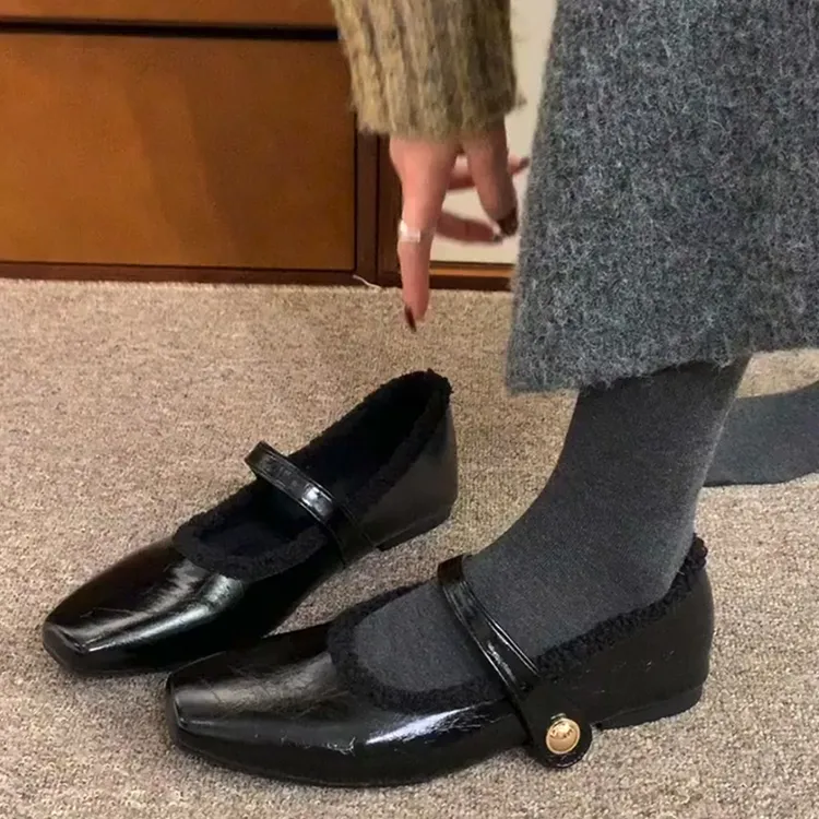 羊皮版！毛毛玛丽珍鞋女复古百搭黑色方头一字带平底加绒保暖单鞋