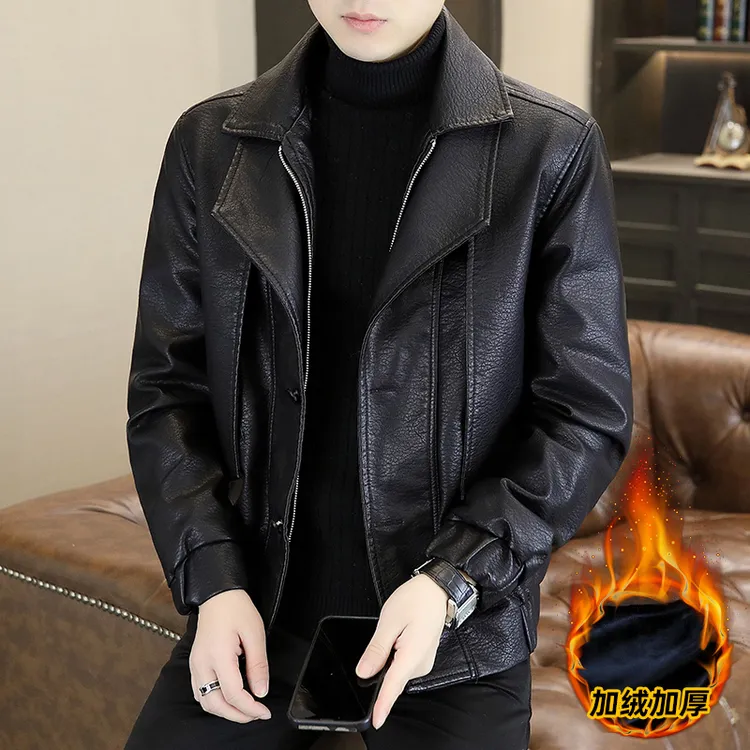 加厚新款假两件PU皮衣秋冬季外套男百搭休闲帅气青年加绒保暖夹克
