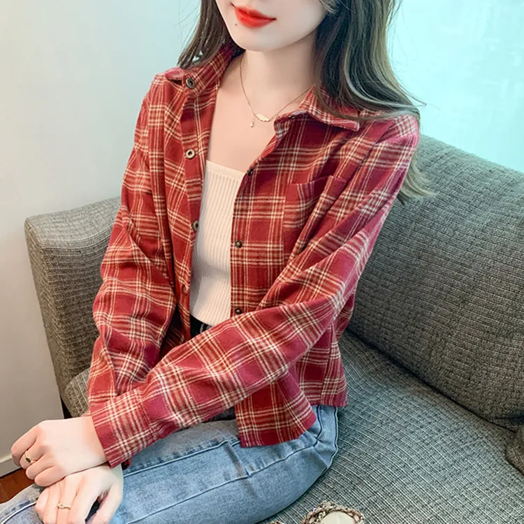 复古磨毛格子衬衫女新款春秋新款韩版长袖上衣设计感休闲短款衬衣