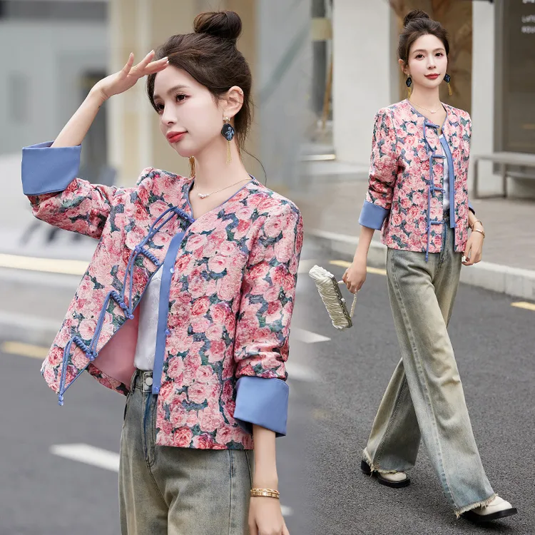 新中式国风提花外套女2024春季新款盘扣碎花气质高级时尚百搭上衣