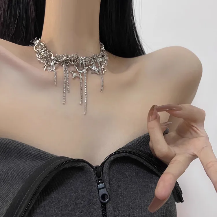 铜合金项链 五角星多层叠加流苏星星亮片项链锁骨链甜酷辣妹颈链