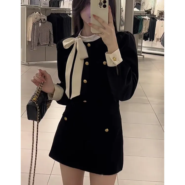 法式小香风蝴蝶结丝绒套装富家千金拼接衬衫女包臀裙A字裙两件套