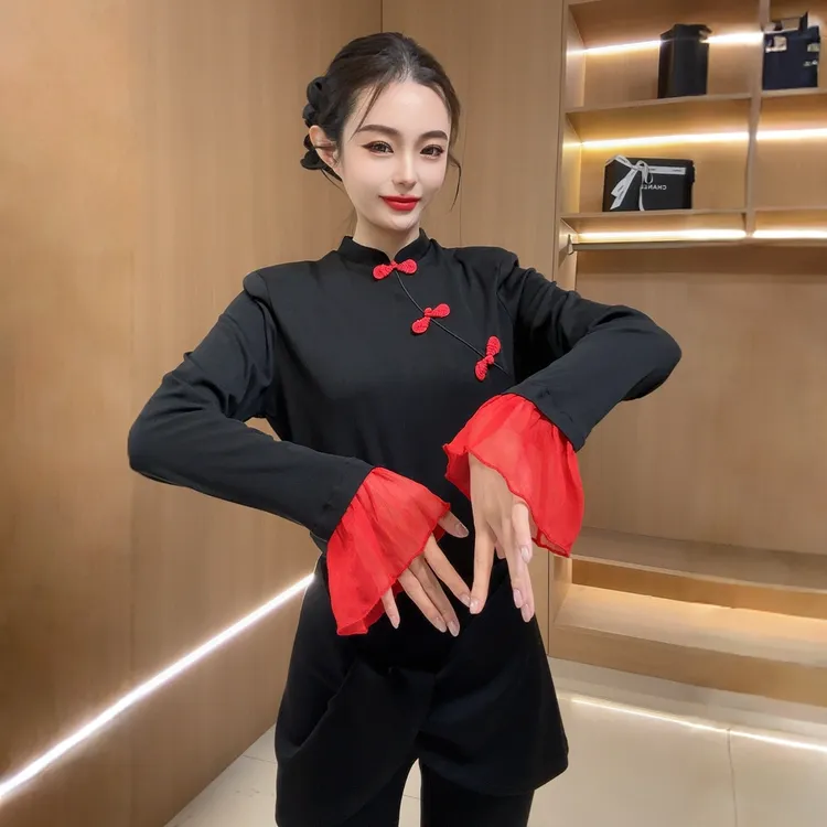 韩版设计感新中式荷叶袖温柔风盘扣旗袍式加绒显瘦打底衫6936上衣