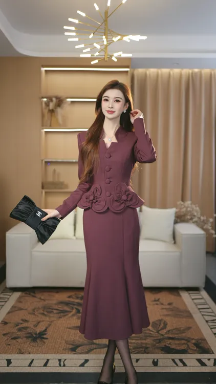 罗曼定制 高定原创粉紫长袖时尚套装女秋季2025+鱼尾半身裙两件套