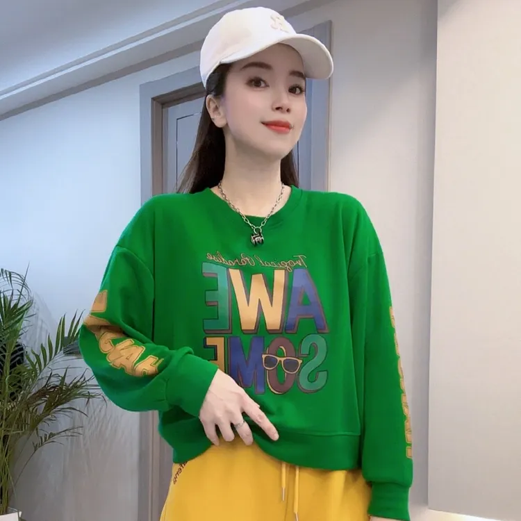 《韩家》#9201新款春秋百搭拼接宽松时尚洋气休闲袖子印花圆领卫衣