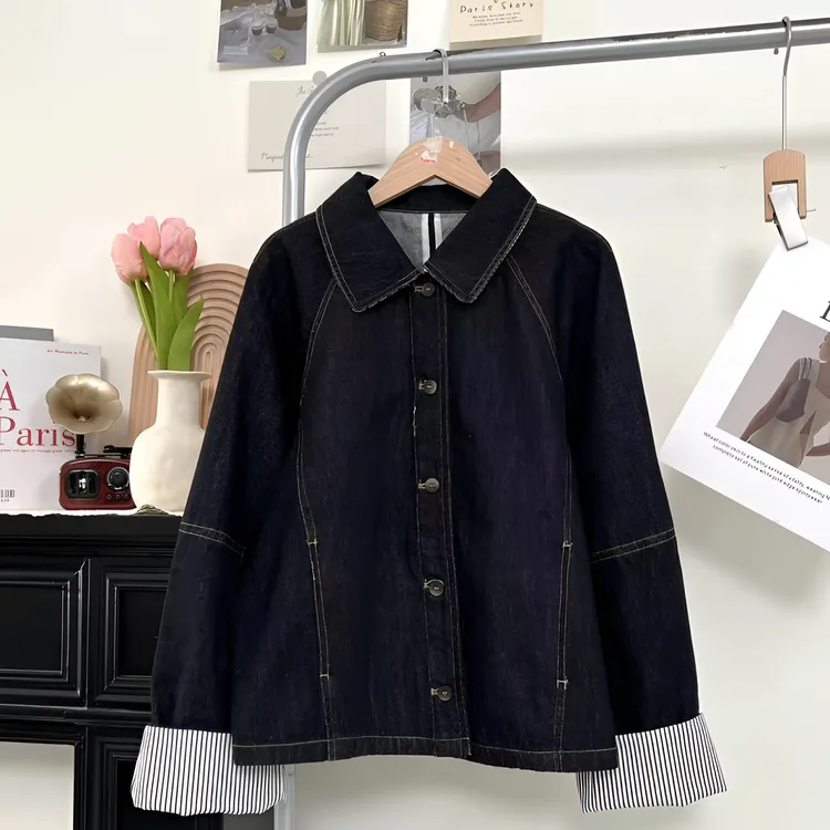 日系复古明线翻领牛仔外套女春秋2025新款休闲慵懒风显瘦夹克上衣