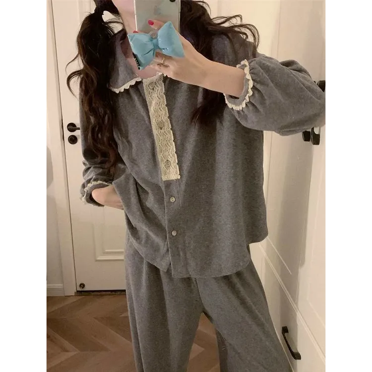 【高品质】灰色睡衣女秋冬季高级感甜美可爱娃娃领毛巾绒家居服套装