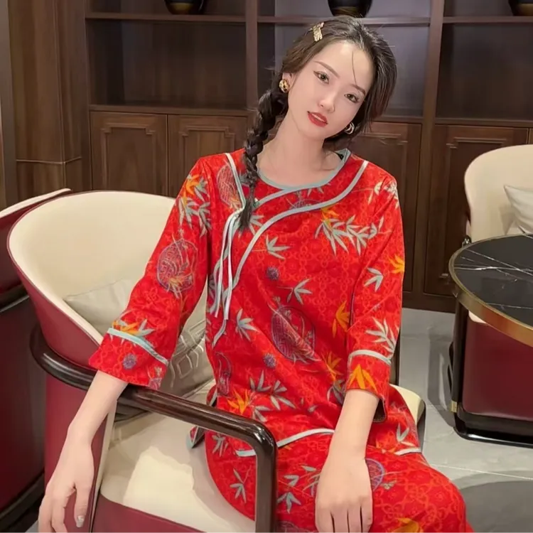 网红爆款秋冬国风德絨女睡衣时尚家居服套装中式洋气民族风可外穿