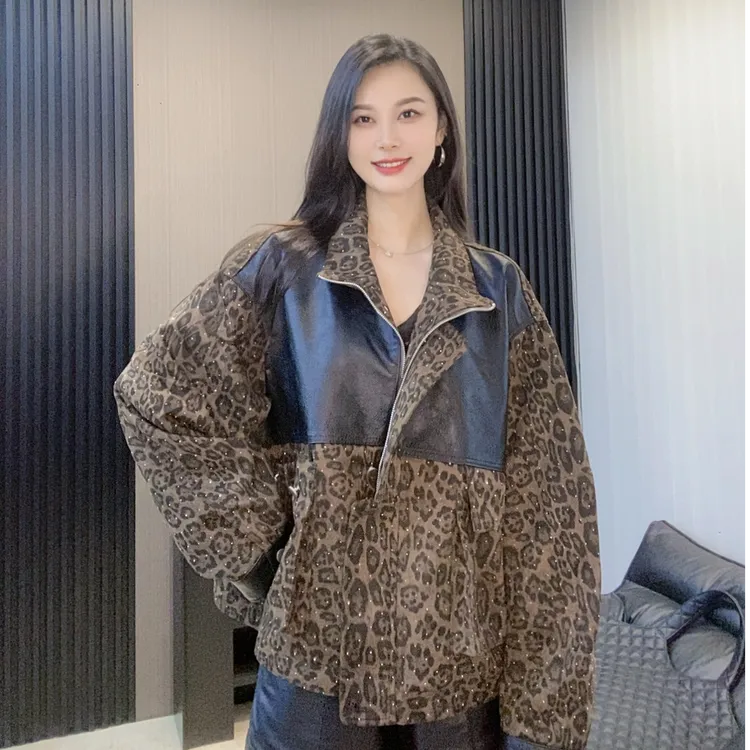【欣欣严选】豹纹款拼接休闲绵羊皮西服领设计显瘦气质秋季女士外套