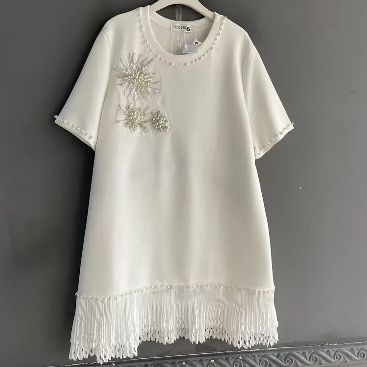 大码女装休闲白色夏季气质复古圆领连衣裙蕾丝流苏重工刺绣百搭