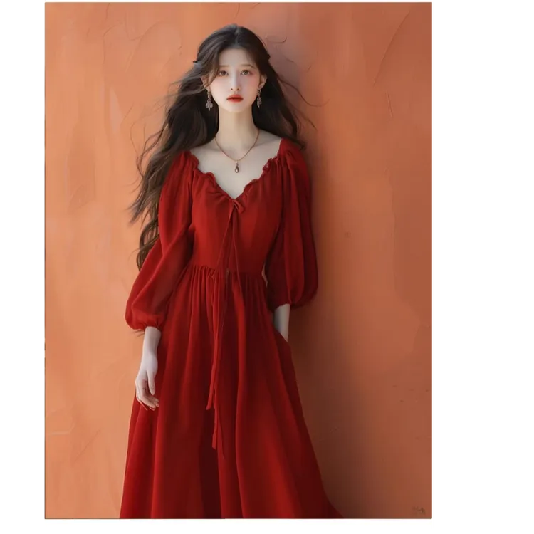 法式红色V领连衣裙女春夏大码胖mm收腰a字裙子海边旅游气质长裙子