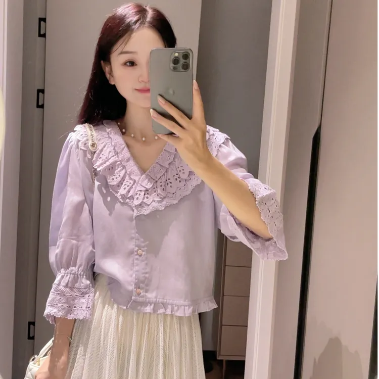 高端货~多层镂空蕾丝花边九分袖衬衫女秋季新款亚麻雾紫色v领上衣