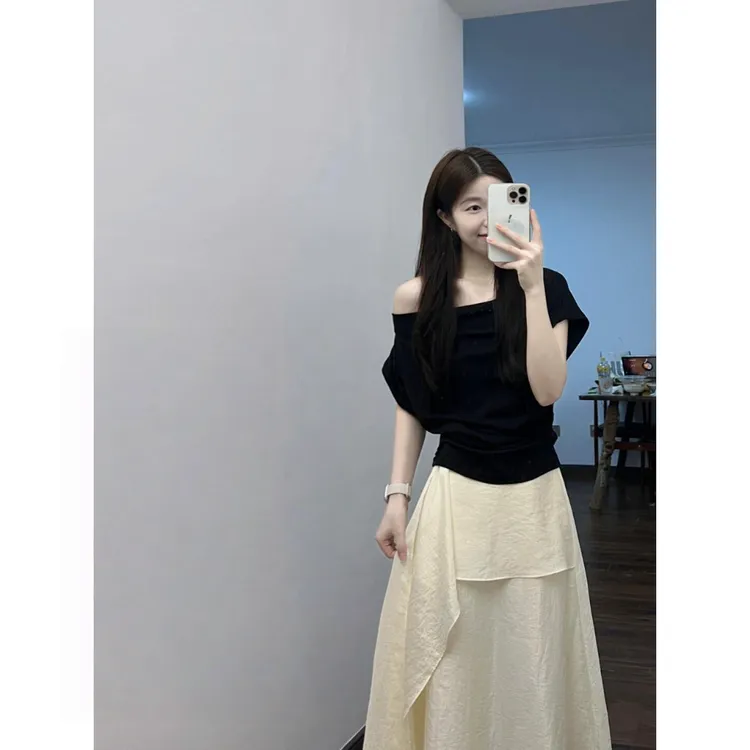 法式高级感黑色一字肩短袖t恤女夏季小众短款露肩上衣裙子套装