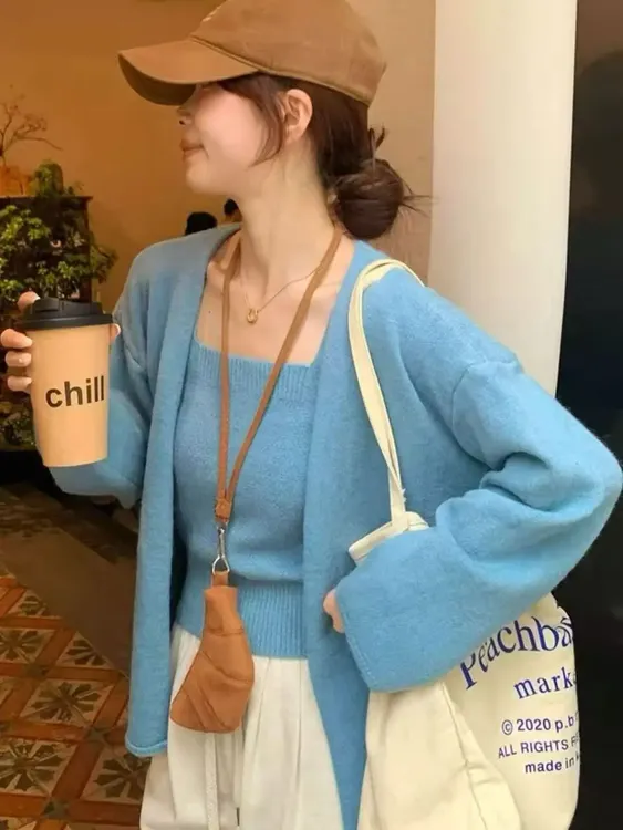 韩系净色甜美减龄宽松百搭毛衣背心上衣+开衫两件套