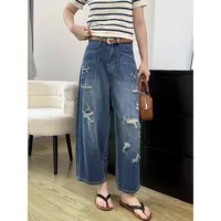 「涵涵家」设计感破洞九分窄版直筒老爹裤小个子牛仔裤#789