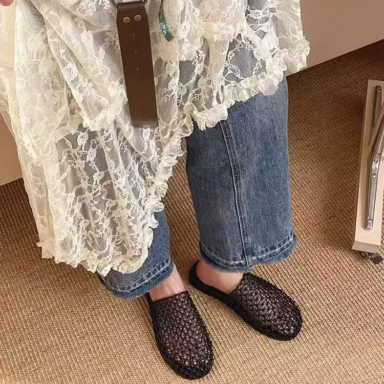 小敏家 镂空编织包头拖鞋女 夏季配裙子 平底沙滩鞋半拖外穿拖鞋