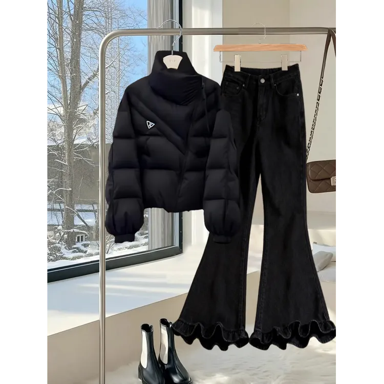 法式轻熟风洋气立领黑色棉服外套冬季新款显瘦木耳边微喇裤梁套装