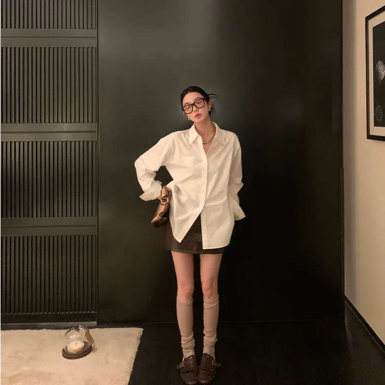 韩版白色衬衫女法式秋季宽松显瘦中长款设计感小众衬衣长袖上衣潮