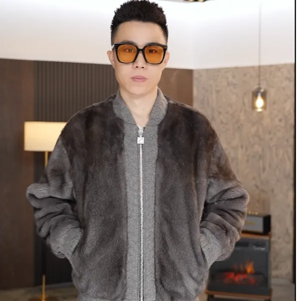 2025冬季新款时尚休闲保暖加厚棒球领紫金水貂男士拼接夹克外套