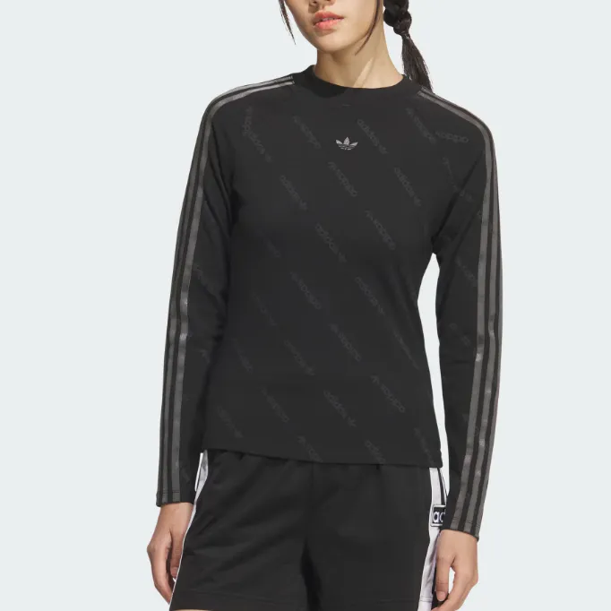 adidas/阿迪达斯TIGHT TEE LS深灰色满印LOGO修身长袖T恤KS6109